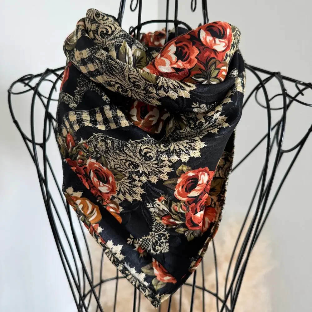Vintage Black Floral Satin Lightweight Boho Cottage Square Scarf